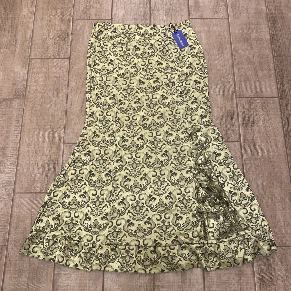 NWT Maxi Skirt XL Green Jacquard Brocade Trumpet Mermaid Ruffle Whimsigoth Fairy
